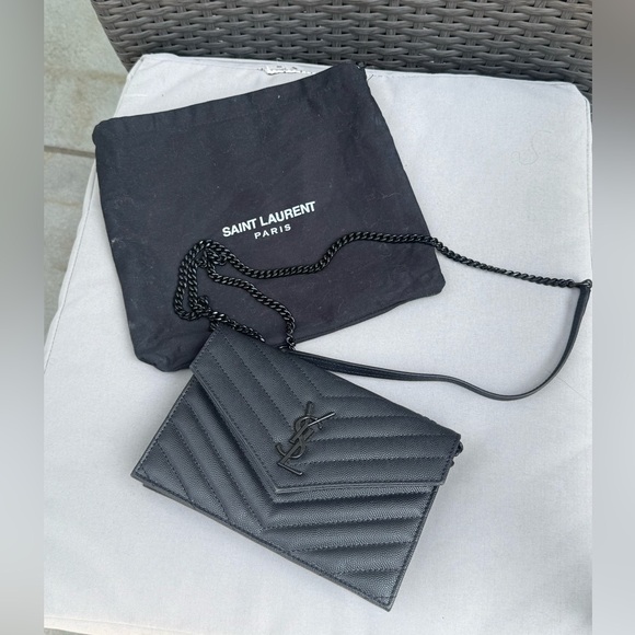 YSL Cassandra Envelope Chain Wallet Purse Handbag Black Leather Saint Laurent
